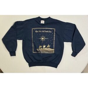 VTG Jesus Christian Sweatshirt Crewneck M Blue "Wise Men Still Seek Him" 90s